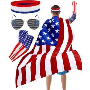 BleSky American Flag Costume Cape 80's American USA Sunglasses and USA Flag Headband for 4th of July