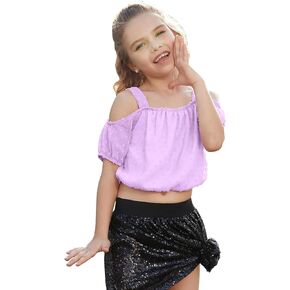 Perfashion Girls Chiffon Swiss Dot Blouses Short Sleeve Sling Loose Shirts Soft Casual Summer Tops for 4-13 Years