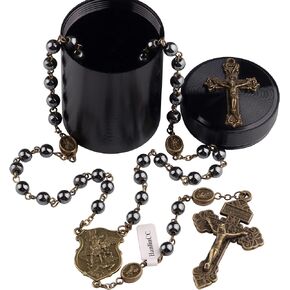 HanlinCC 6mm Hematite Stone Beads St.Michael Catholic Rosary Necklace with Gift Box
