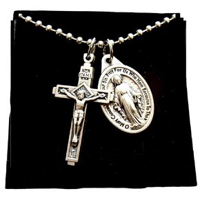 Mens Cross and Miraculous medal Necklace, 30 Inch Stainless Steel Ball Chain, Crucifix Measures 1.25"