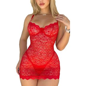 RoseSeek Women's 2 Piece Lingerie Set Heart Print Mesh Lace Teddy Babydoll Lingerie Chemise Nightgown Sleepwear with Thong