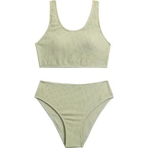 SweatyRocks Girl's Cute Bathing Suits Beach Sports Scoop Neck Wireless Bikini Set High Waisted Two Piece Swimsuit