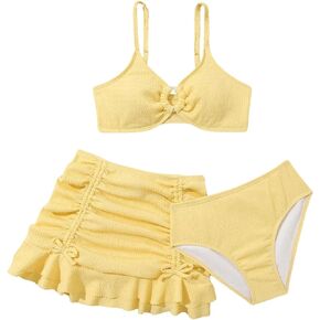 OYOANGLE Girl's 3 Piece Bikini Swimsuit Ring Linked Spaghetti Strap Bathing Suit with Cover Up Beach Skirts