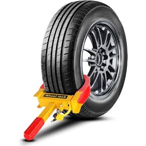 Flexzion Trailer Wheel Lock Anti Theft Wheel Clamp Lock - Heavy Duty Adjustable Tire Boot Lock for Trailer with Keys, Red & Yellow Universal Wheel Clamp for Cars, Golf Carts, Boats, Scooters