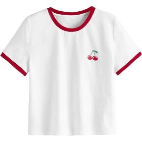 SweatyRocks Girl's Cute Graphic Print Round Neck Tee Top Short Sleeve Contrast Binding T Shirt