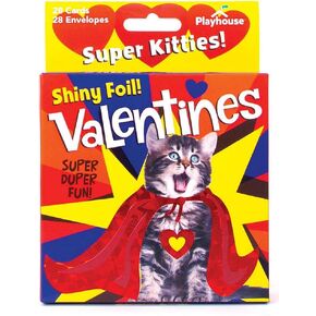 Playhouse Super Hero Kitty Shiny Foil 28 Card Valentine Exchange Box with Envelopes for Kids