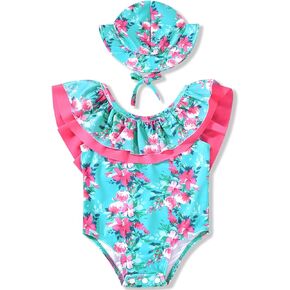 HINTINA Infant Baby Girl Ruffle One Piece Swimsuit Off Shoulder Bathing Suit with Hat