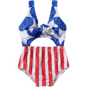 Karuedoo Toddler Baby Girl 4th of July Swimsuit American Flag Swimwear Cut Out One Piece Bathing Suit Tie Front Monokini
