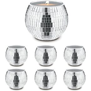 Quaocens 6 PCS Disco Ball Silver Votive Candle Holders,Glass Mirror Candle Holder Disco Ball Candle Holder Disco Ball Candle Vase Can Be Used for Wedding,Dining Table,Party Disco Ball Decoration
