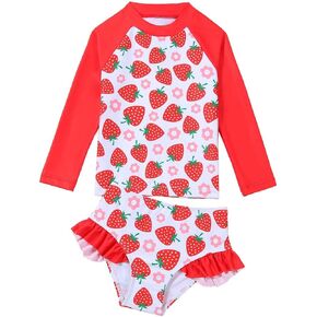Little Girls Swimsuit Rash Guard Set Toddler Girl Long Sleeve Two Piece Bathing Suit with Ruffle Bikini Bottoms Swimwear