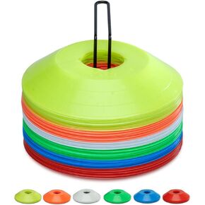 EXALTER Agility Disc Cones - Set of 60 Multicolored High-Visibility Training Marker with Carry Bag and Holder for Soccer, Football, and Workout Drills