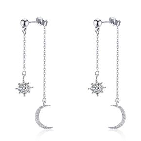 Silver Moon Star Drop Earrings for Women Girls 925 Sterling Silver Sun and Moon Earrings Handmade Crescent Moon CZ Wedding Stud Earrings Celestial Jewelry