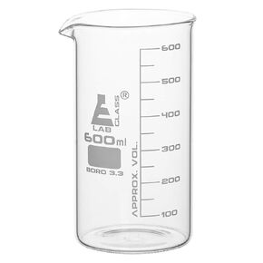 EISCO Beaker, 600ml - Tall Form with Spout - White, 50ml Graduations - Borosilicate 3.3 Glass