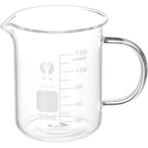 PATIKIL 150ml Glass Beaker with Handle, 3.3 Borosilicate Glass Graduated Printed Scale Measuring Cups with Spout for Kitchen Lab Liquids