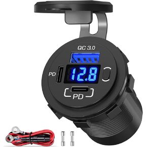 12V USB Charger Socket OUFFUN Dual 30W PD3.0 USB C Port and 18W QC3.0 12 Volt USB Outlet with Voltmeter and Power Switch, Waterproof Cigarette Lighter Replacement DIY Kit for Car Marine Truck RV, etc.
