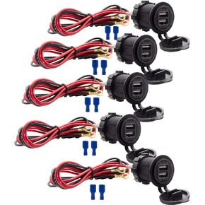 [5 Pack] 12V USB Outlet, Dual USB Quick Charger Socket Waterproof Power Outlet 12V/24V 2.1A & 2.1A for Car Golf Cart Boat Marine Bus Truck RV Marine Motorcycle, Blue LED