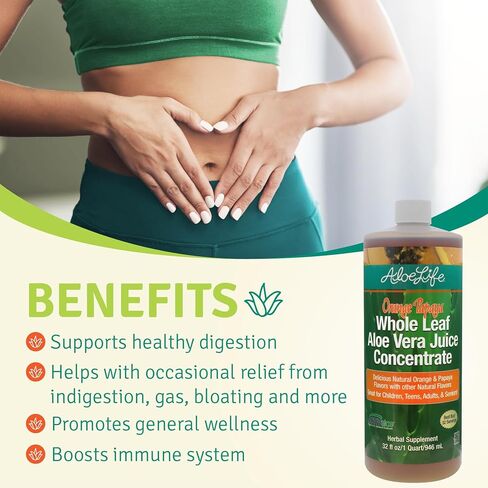 Aloe Life - Whole Leaf Aloe Vera Juice Concentrate, Soothing Relief for Indigestion, Antioxidant Catalyst, Supports Energy & Wellness, Certified Organic Aloe Leaves, Gluten-Free (Orange Papaya, 16 oz) in Saudi Arabia