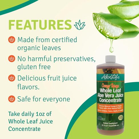 Aloe Life - Whole Leaf Aloe Vera Juice Concentrate, Soothing Relief for Indigestion, Antioxidant Catalyst, Supports Energy & Wellness, Certified Organic Aloe Leaves, Gluten-Free (Orange Papaya, 16 oz) in Saudi Arabia