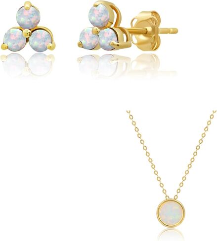 MAX + STONE 14k Yellow Gold Small Created Opal Trio Round Stud Earrings and Pendant Necklace Set for Women | Birthstone Push Backs | 7mm Birthstone on 18 Inch Cable Chain Spring Ring Clasp Bezel in Saudi Arabia