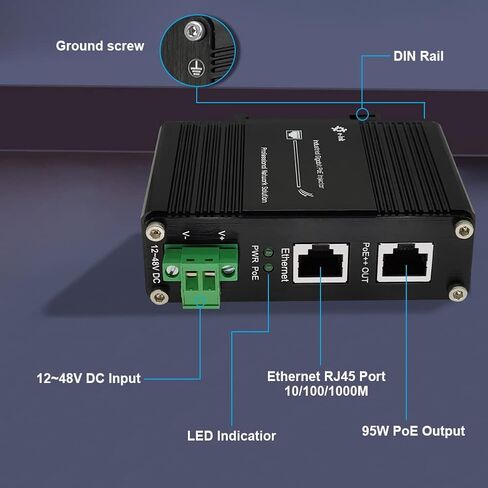 حاقن PoE - حاقن Gigabit PoE+ الصناعي IEEE802.3 عند محول POE المقوى بقدرة 30 وات مع دخل تيار مستمر 12-48 فولت DIN- سكة حديدية، مثبت على الحائط in Kuwait