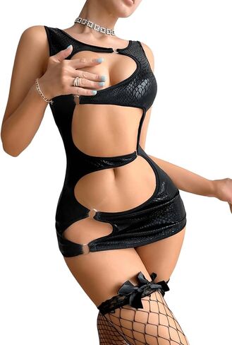 WDIRARA Women's Cut Out Backless Snakeskin PU Ring Linked Babydoll Lingerie Mini Dress in Saudi Arabia
