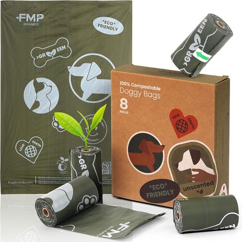 FMP Brands 120 Count 100% Compostable Dog Poop Bags Rolls for Large and Small Dogs, Leak-Proof Thickened Dog Waste Bags for Poop, 100% Plant-Based 8 Refill Rolls, Certified by BPI & OK Compost in Saudi Arabia