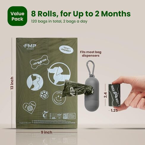 FMP Brands 120 Count 100% Compostable Dog Poop Bags Rolls for Large and Small Dogs, Leak-Proof Thickened Dog Waste Bags for Poop, 100% Plant-Based 8 Refill Rolls, Certified by BPI & OK Compost in Saudi Arabia