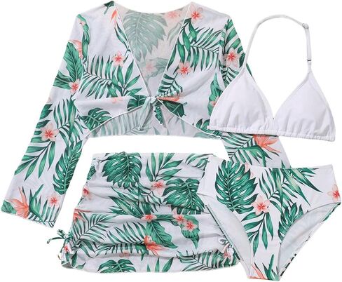 RoseSeek Girl's 4 Piece Tropical Bikini Set Boho Halter Wireless Swimsuit Bathing Suit Set with Swim Cover Up in Saudi Arabia