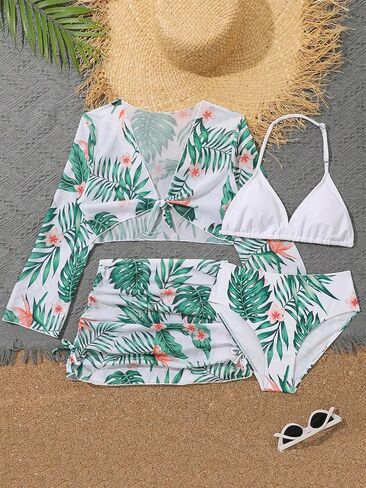 RoseSeek Girl's 4 Piece Tropical Bikini Set Boho Halter Wireless Swimsuit Bathing Suit Set with Swim Cover Up in Saudi Arabia