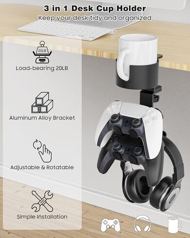 MoKo Desk Controller Holder with Headphone Hanger - 3 in 1 Rotating Desk Cup Organizer Gaming Accessories Stand Desk Clamp Mount Controller Stand for Xbox One/360, PS5, PS4, Switch, Steam, Black in Saudi Arabia