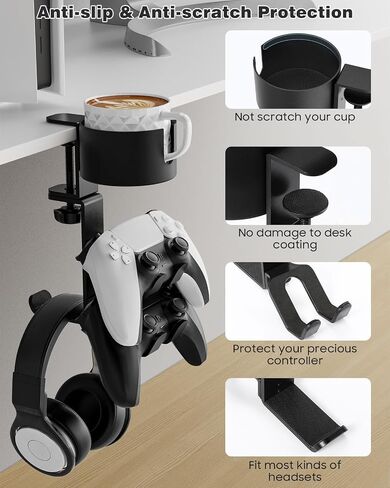 MoKo Desk Controller Holder with Headphone Hanger - 3 in 1 Rotating Desk Cup Organizer Gaming Accessories Stand Desk Clamp Mount Controller Stand for Xbox One/360, PS5, PS4, Switch, Steam, Black in Saudi Arabia