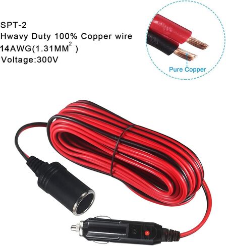 KUNCAN 26FT سلك تمديد ولاعة السجائر - 26 قدم 12V / 24V ذكر التوصيل إلى محول المقبس الإناث 14AWG كابل تمديد الثقيلة مع ضوء LED 15A الصمامات الطاقة التلقائية لمضخة إطارات السيارة، ضاغط الهواء in Saudi Arabia