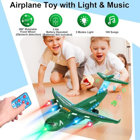 Airplane Toy, LiveGo Bump and Go Electric Detachable Plane Toys with LED Flashing Light Music Remote Control Battery Operated for Kids Boys Girls Toddler Travel 3-7 Year Old Birthday Gift, Green in Kuwait