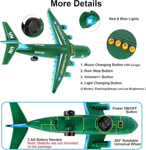 Airplane Toy, LiveGo Bump and Go Electric Detachable Plane Toys with LED Flashing Light Music Remote Control Battery Operated for Kids Boys Girls Toddler Travel 3-7 Year Old Birthday Gift, Green in Kuwait