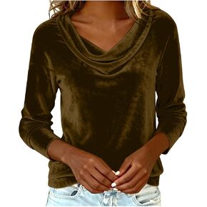 Fall Winter Velvet Tops for Women 2026 Fashion Cowl Neck Shirts Casual Long Sleeve Solid Color Blouses Loose T-Shirts in Kuwait