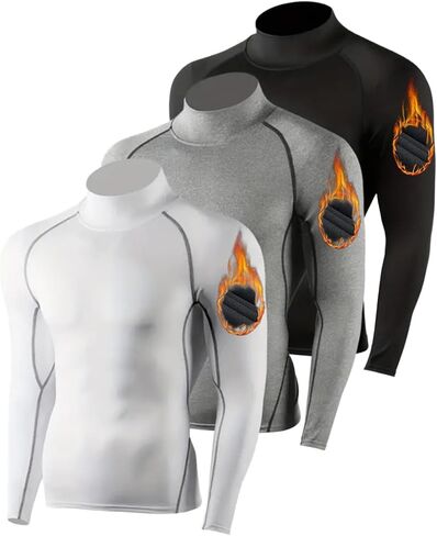 3-Pack Men's Fleece Lined Compression Long Sleeve Shirts - Thermal High Neck, Windproof & Quick-Dry for Running, Gym,Skiing in Saudi Arabia