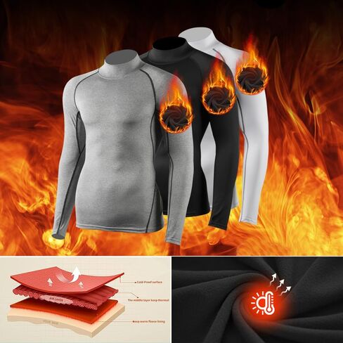 3-Pack Men's Fleece Lined Compression Long Sleeve Shirts - Thermal High Neck, Windproof & Quick-Dry for Running, Gym,Skiing in Saudi Arabia