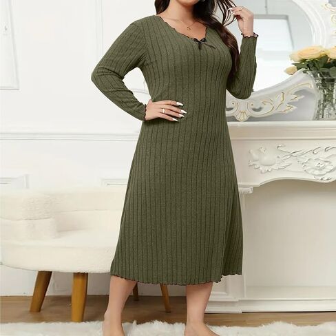 Plus Size Dresses for Curvy Women Trendy Long Sleeve Sweater Dress Fall Casual Ribbed Knit V-Neck Midi Dresses in Saudi Arabia