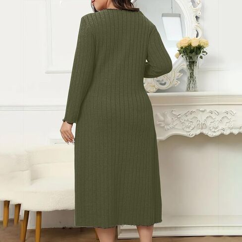 Plus Size Dresses for Curvy Women Trendy Long Sleeve Sweater Dress Fall Casual Ribbed Knit V-Neck Midi Dresses in Saudi Arabia