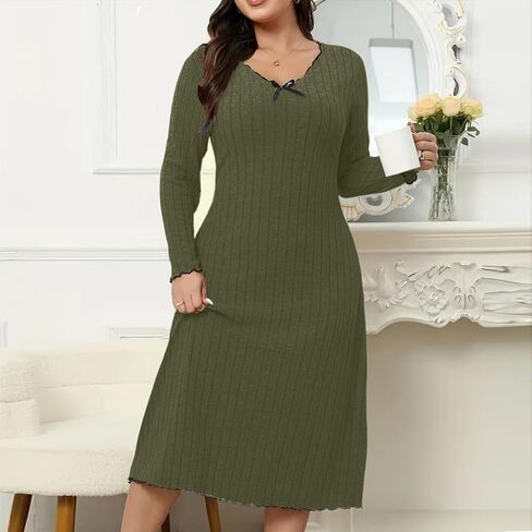 Plus Size Dresses for Curvy Women Trendy Long Sleeve Sweater Dress Fall Casual Ribbed Knit V-Neck Midi Dresses in Saudi Arabia