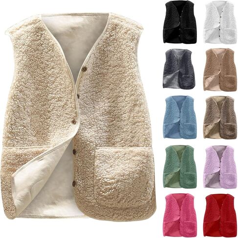 Fuzzy Fleece Vest Women Cropped Warm Sleeveless Sherpa Vests Lightweight Casual Button Down Gilet Jacket with Pockets in Saudi Arabia