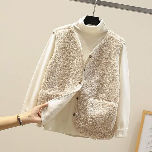 Fuzzy Fleece Vest Women Cropped Warm Sleeveless Sherpa Vests Lightweight Casual Button Down Gilet Jacket with Pockets in Saudi Arabia