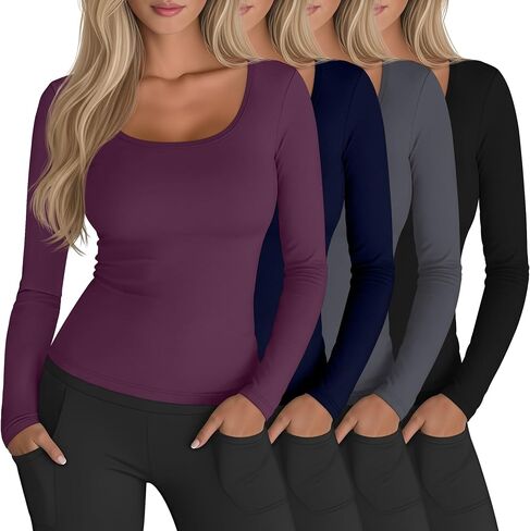 4 قطع من القمصان النسائية المضغوطة، قمصان رياضية بأكمام طويلة للتمرين، طبقة أساسية لليوجا والجري، سريعة الجفاف، تي شيرت رياضي in Saudi Arabia