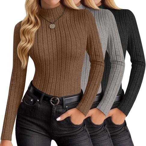 3 Pack Women's Mock Turtleneck Sweaters Long Sleeve Ribbed Knit Slim Fit Thermal Base Layer Soft Winter in Saudi Arabia