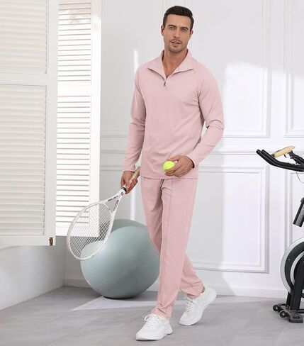 Lexiart Mens Quarter Zip Pullover Tracksuit Sun Protection 2 Piece Outfits Long Sleeve Athletic Set in Saudi Arabia