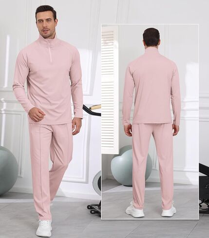 Lexiart Mens Quarter Zip Pullover Tracksuit Sun Protection 2 Piece Outfits Long Sleeve Athletic Set in Saudi Arabia
