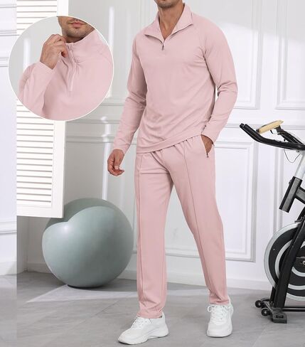 Lexiart Mens Quarter Zip Pullover Tracksuit Sun Protection 2 Piece Outfits Long Sleeve Athletic Set in Saudi Arabia