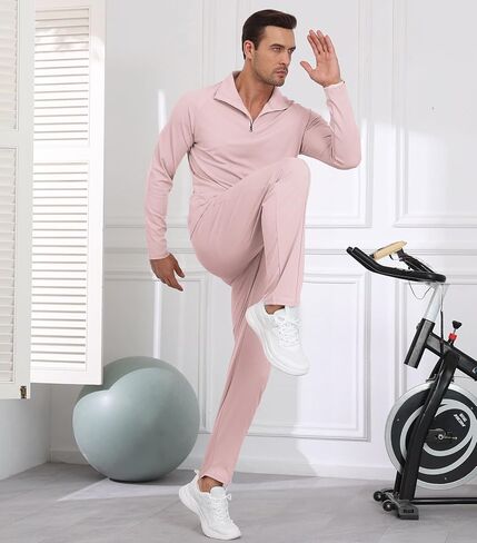 Lexiart Mens Quarter Zip Pullover Tracksuit Sun Protection 2 Piece Outfits Long Sleeve Athletic Set in Saudi Arabia