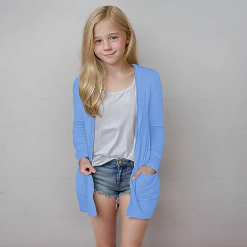 Girls Sweaters with Pockets Oversized Lightweight Cardigan Trendy Long Sleeve Teen School Uniform Cute Kids Clothes in Saudi Arabia