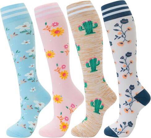 fenglaoda Compression Socks for Women 4 Pairs Knee High Cute Socks for Nurses Pregnancy Travel Flight in Saudi Arabia